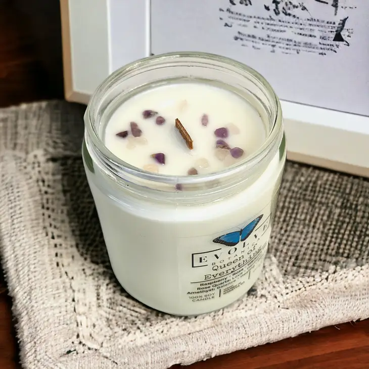 Classic 9oz Jam Jar Crystal Soy Candle - Queen of Everything (Mother's Day, Rose Quartz, Amethyst) from Evolve Botanica