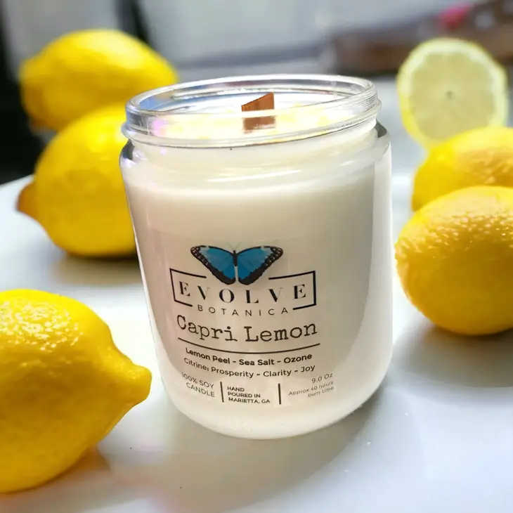 Classic 9oz Jam Jar Crystal Soy Candle - Capri Lemon (Citrine) from Evolve Botanica