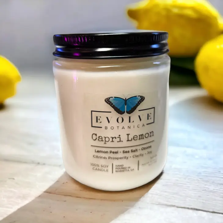 Classic 9oz Jam Jar Crystal Soy Candle - Capri Lemon (Citrine) from Evolve Botanica
