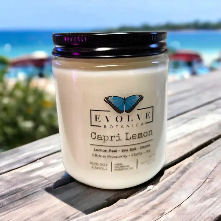 Classic 9oz Jam Jar Crystal Soy Candle - Capri Lemon (Citrine) from Evolve Botanica