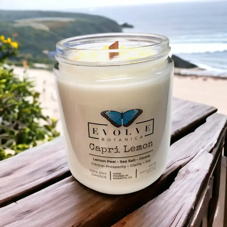 Classic 9oz Jam Jar Crystal Soy Candle - Capri Lemon (Citrine) from Evolve Botanica