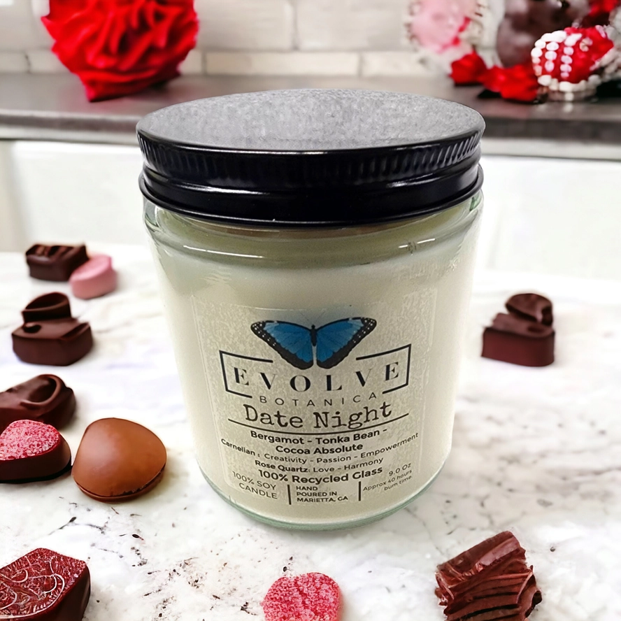 Classic 9oz Jam Jar Crystal Soy Candle - Date Night (Rose Quartz & Carnelian) from Evolve Botanica