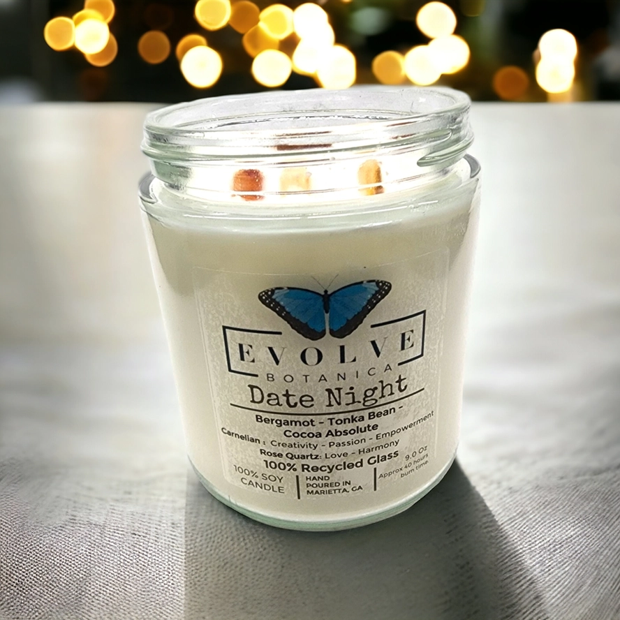 Classic 9oz Jam Jar Crystal Soy Candle - Date Night (Rose Quartz & Carnelian) from Evolve Botanica