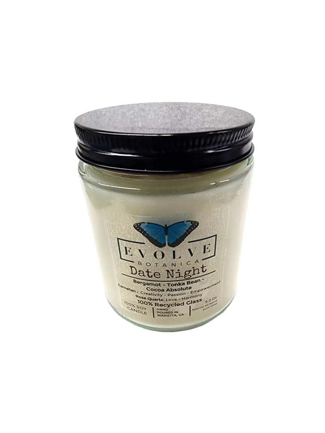 Classic 9oz Jam Jar Crystal Soy Candle - Date Night (Rose Quartz & Carnelian) from Evolve Botanica