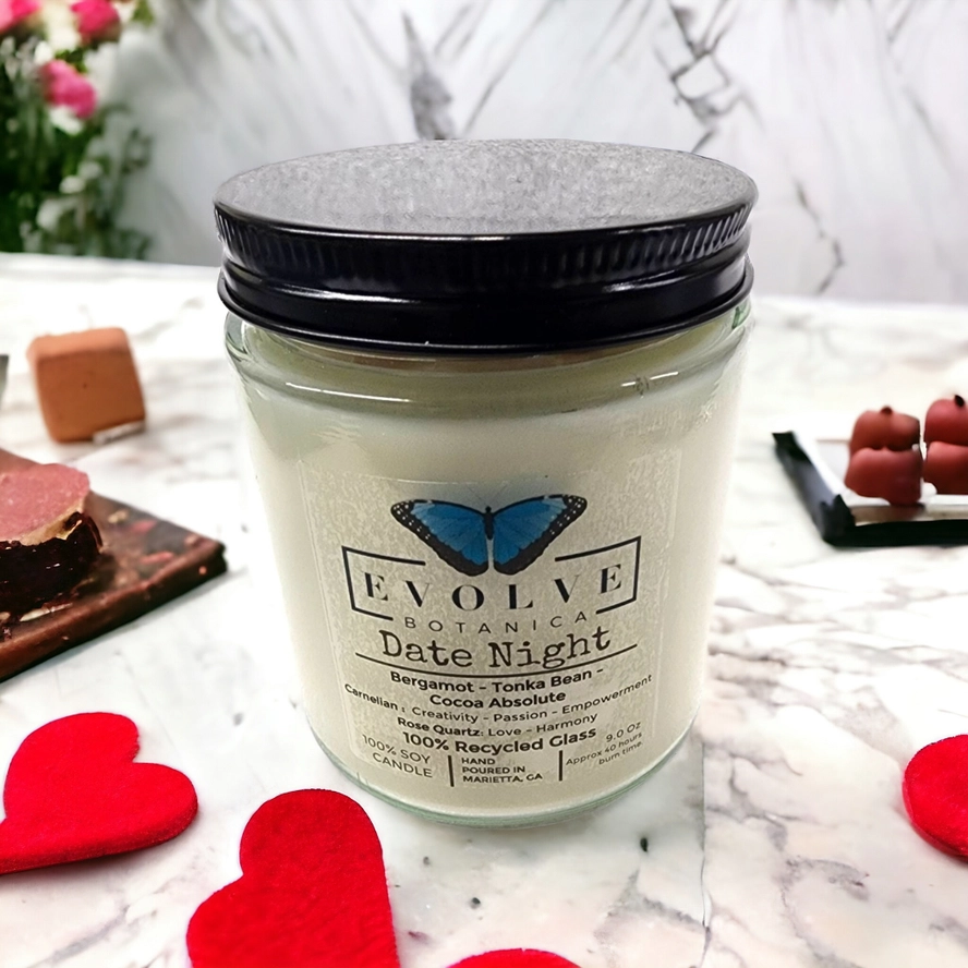 Classic 9oz Jam Jar Crystal Soy Candle - Date Night (Rose Quartz & Carnelian) from Evolve Botanica