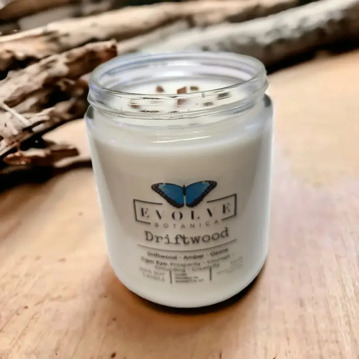 Classic 9oz Jam Jar Crystal Soy Candle - Driftwood (Tiger Eye) from Evolve Botanica