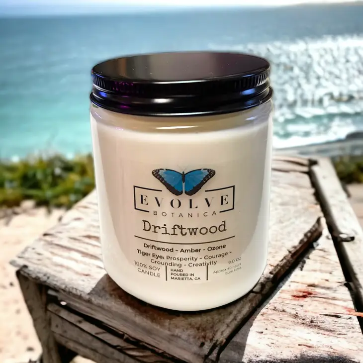 Classic 9oz Jam Jar Crystal Soy Candle - Driftwood (Tiger Eye) from Evolve Botanica