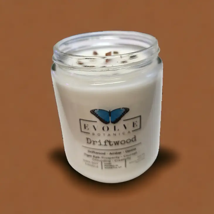 Classic 9oz Jam Jar Crystal Soy Candle - Driftwood (Tiger Eye) from Evolve Botanica