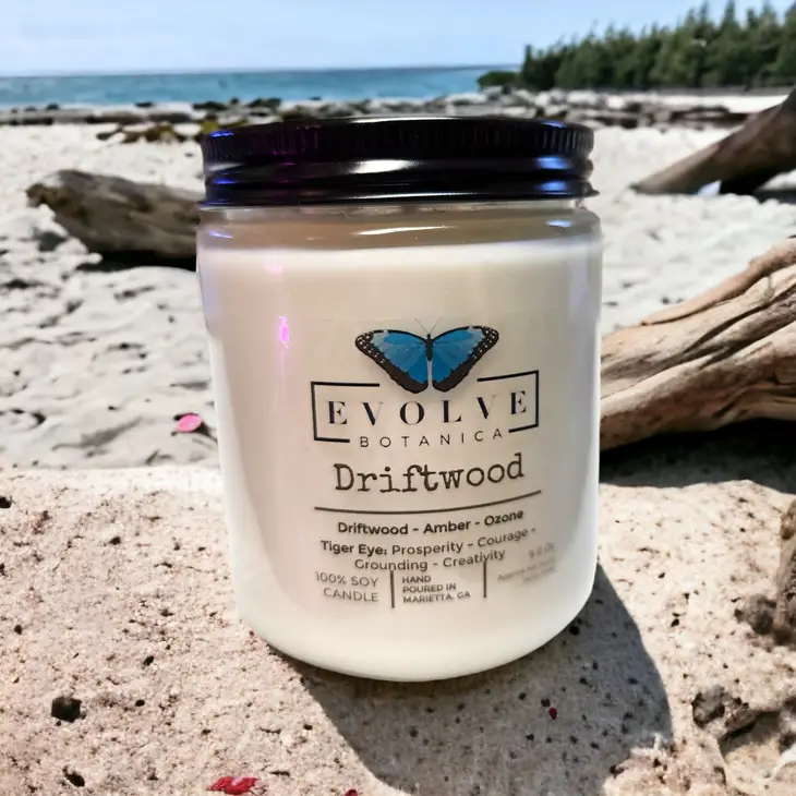 Classic 9oz Jam Jar Crystal Soy Candle - Driftwood (Tiger Eye) from Evolve Botanica