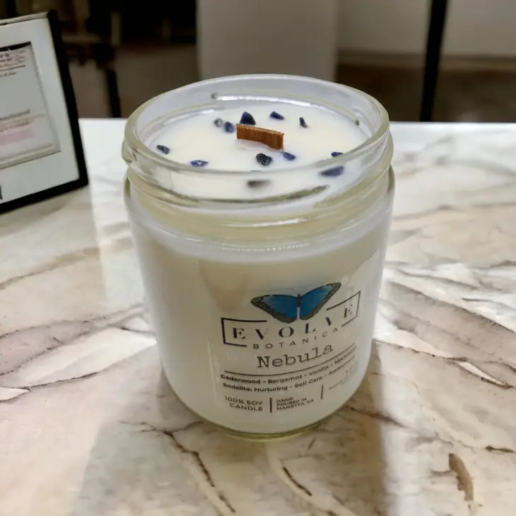 Classic 9oz Jam Jar Crystal Soy Candle - Nebula (Sodalite) from Evolve Botanica