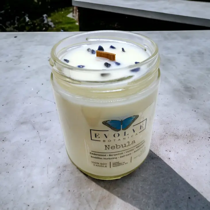 Classic 9oz Jam Jar Crystal Soy Candle - Nebula (Sodalite) from Evolve Botanica