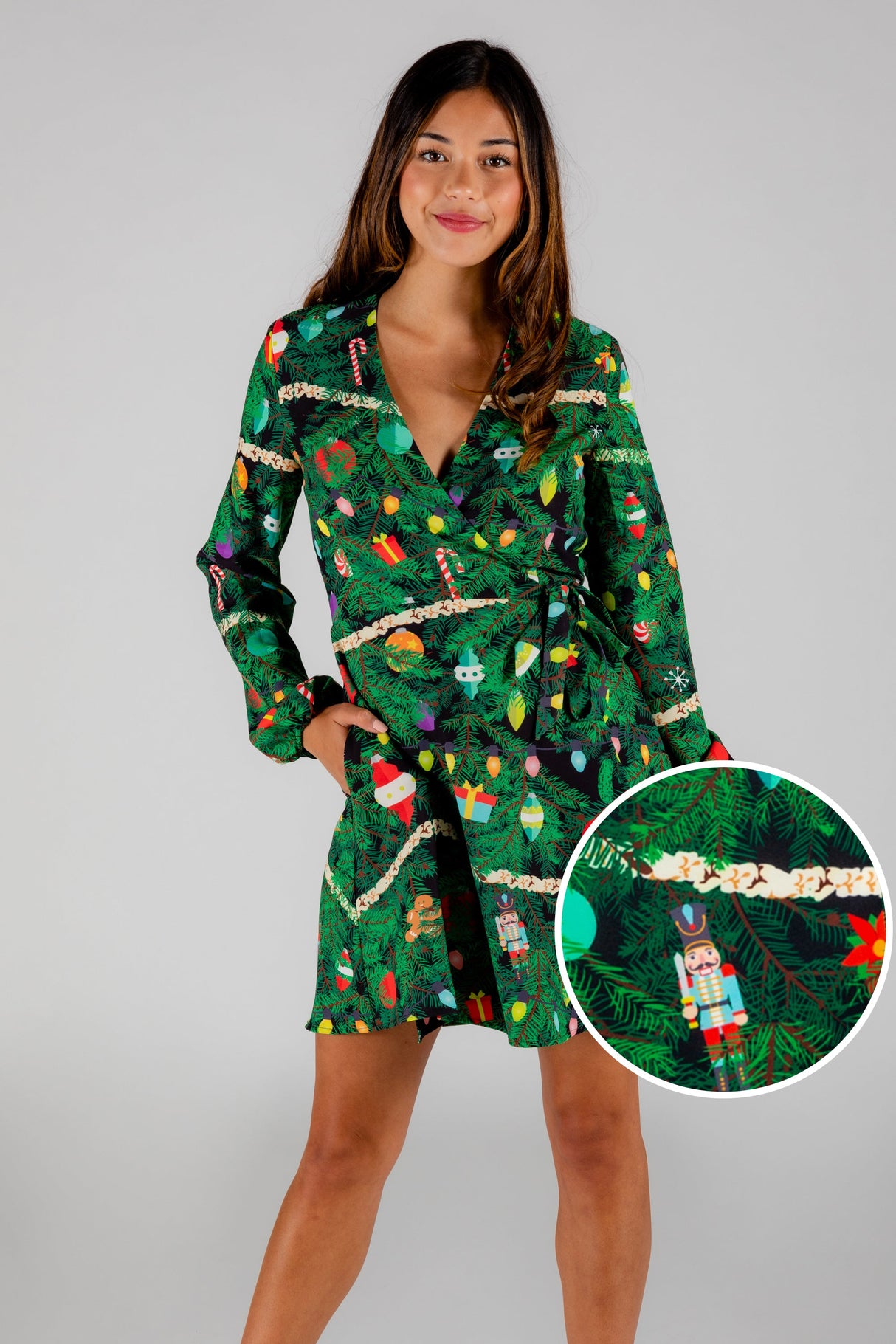 The Christmas Tree Camo | Christmas Tree Print Wrap Dress from Shinesty