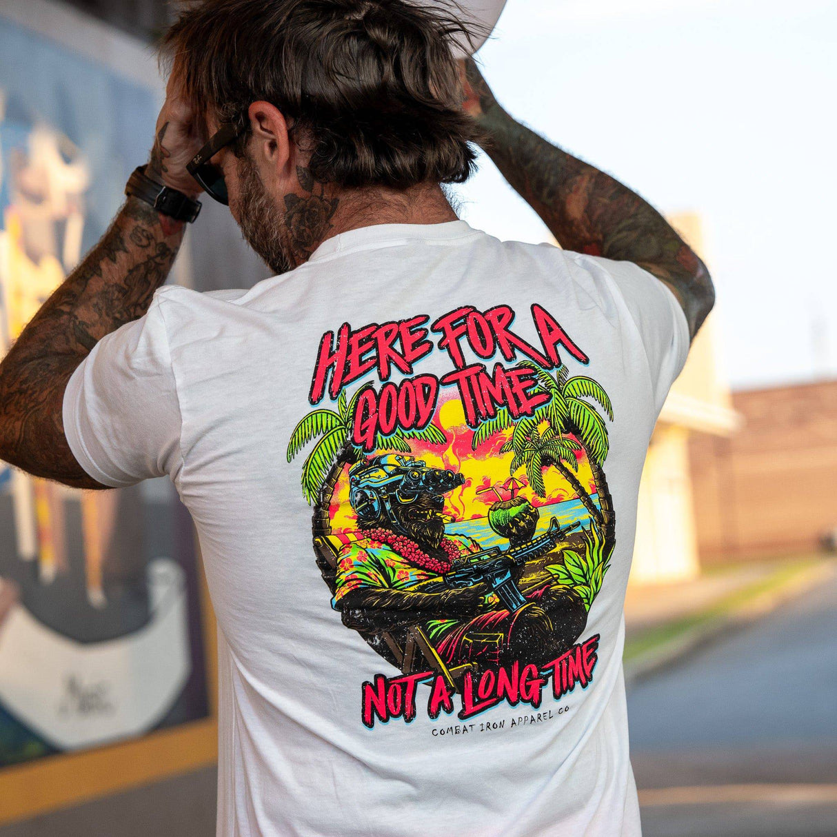 Here For A Good Time. Not A Long Time. Retro Summer Edition Men's T-Shirt From Combat Iron Apparel