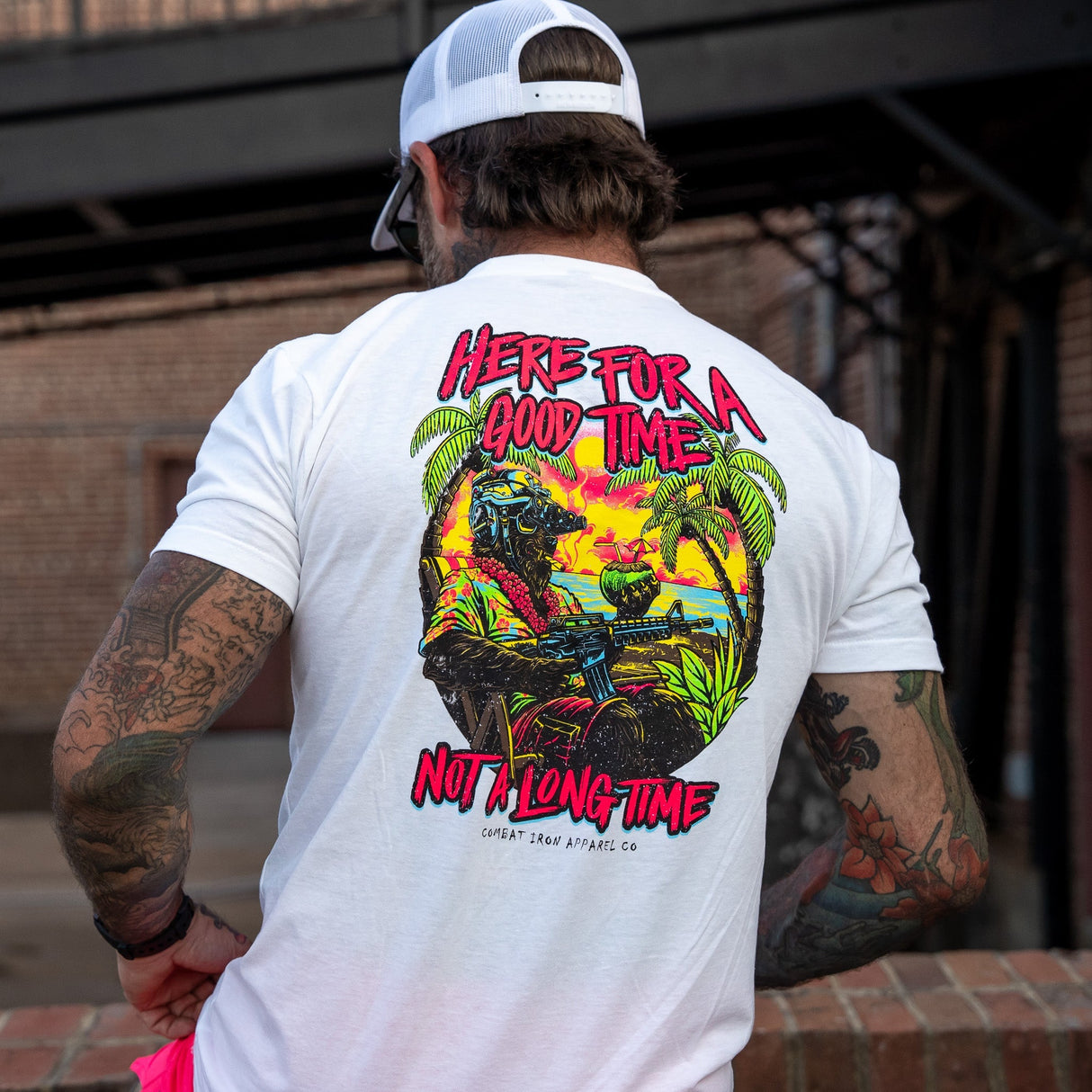 Here For A Good Time. Not A Long Time. Retro Summer Edition Men's T-Shirt From Combat Iron Apparel