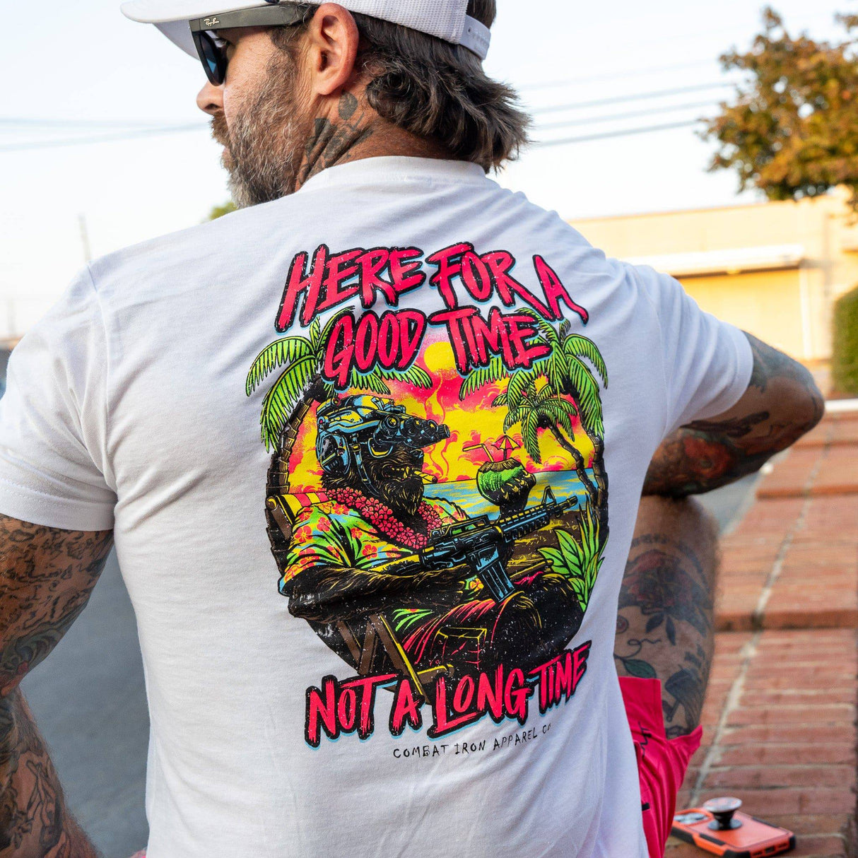 Here For A Good Time. Not A Long Time. Retro Summer Edition Men's T-Shirt From Combat Iron Apparel