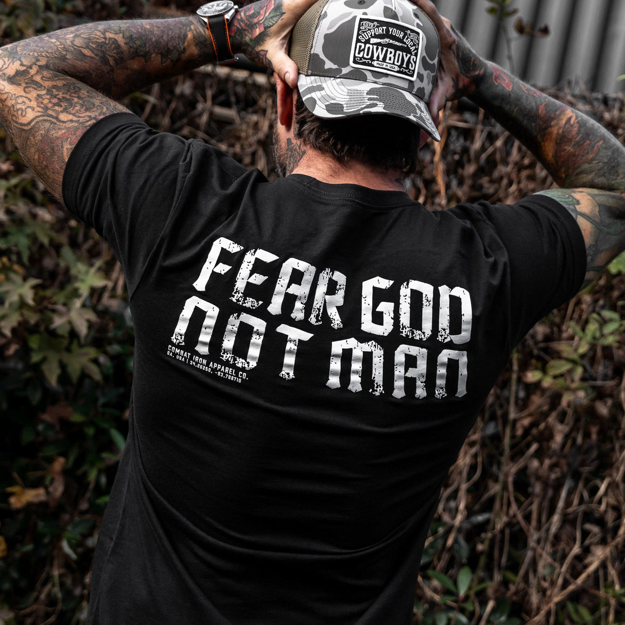 Fear God Not Man Men's T-Shirt From Combat Iron Apparel From Combat Iron Apparel