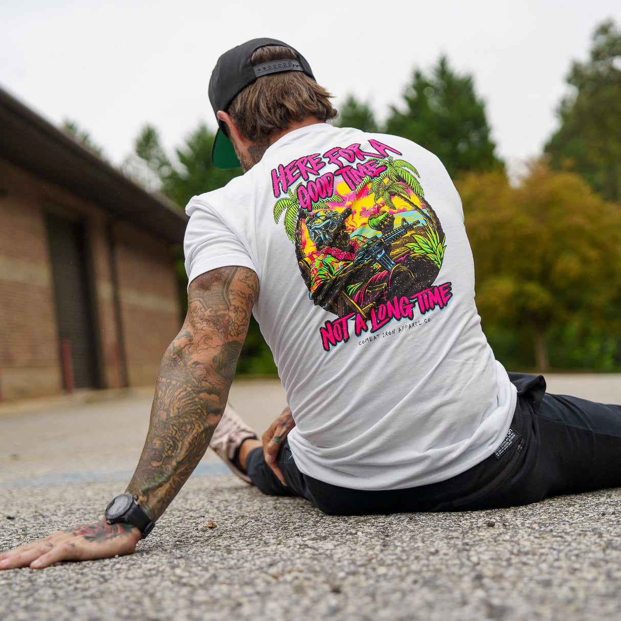 Here For A Good Time. Not A Long Time. Retro Summer Edition Men's T-Shirt From Combat Iron Apparel