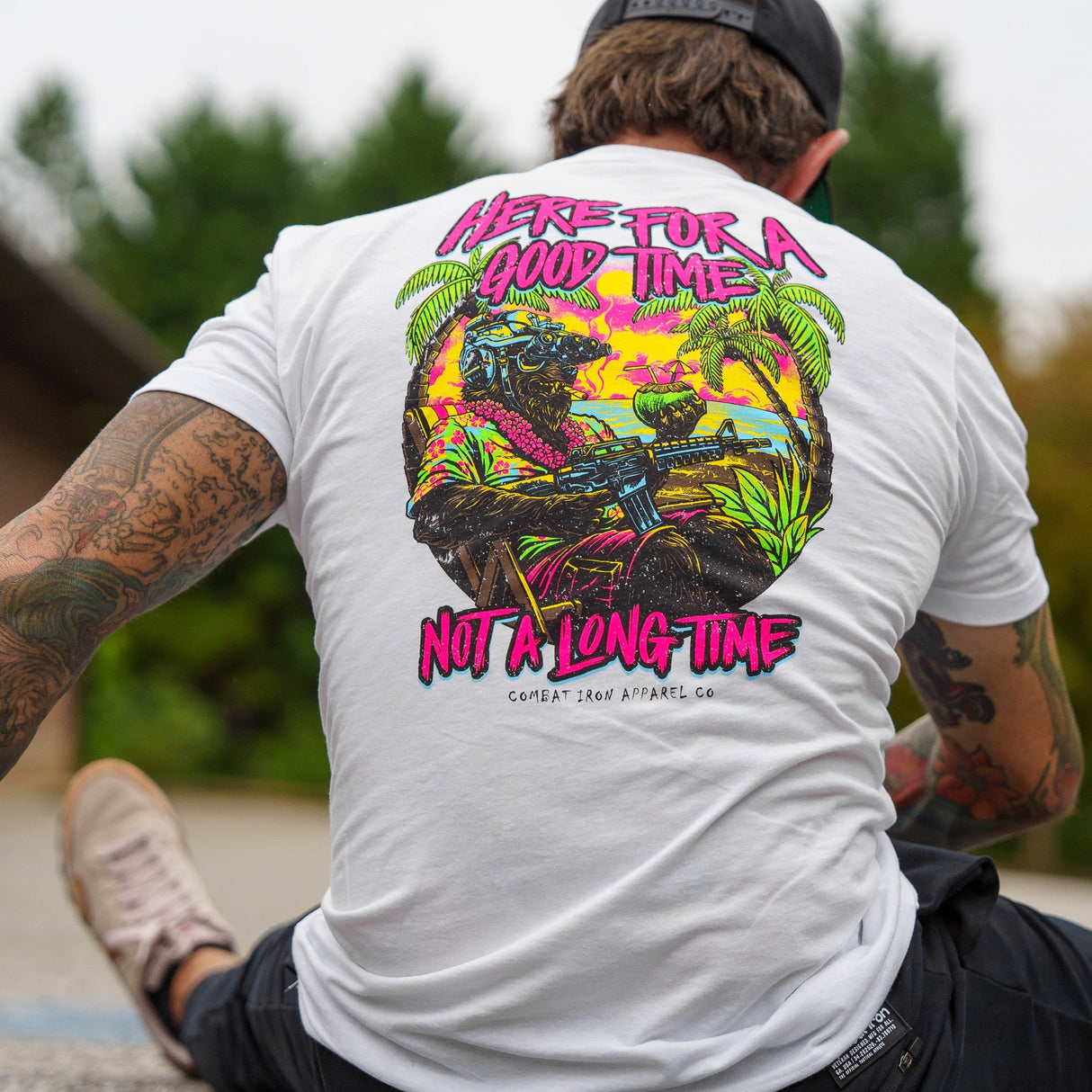 Here For A Good Time. Not A Long Time. Retro Summer Edition Men's T-Shirt From Combat Iron Apparel