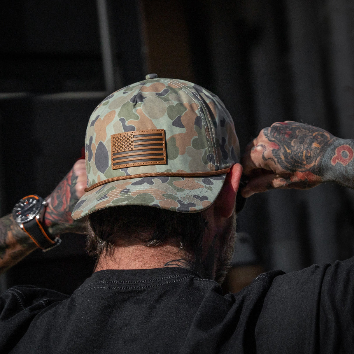 American Flag Leather Patch Crushable Rope Snapback Hat from Combat Iron Apparel