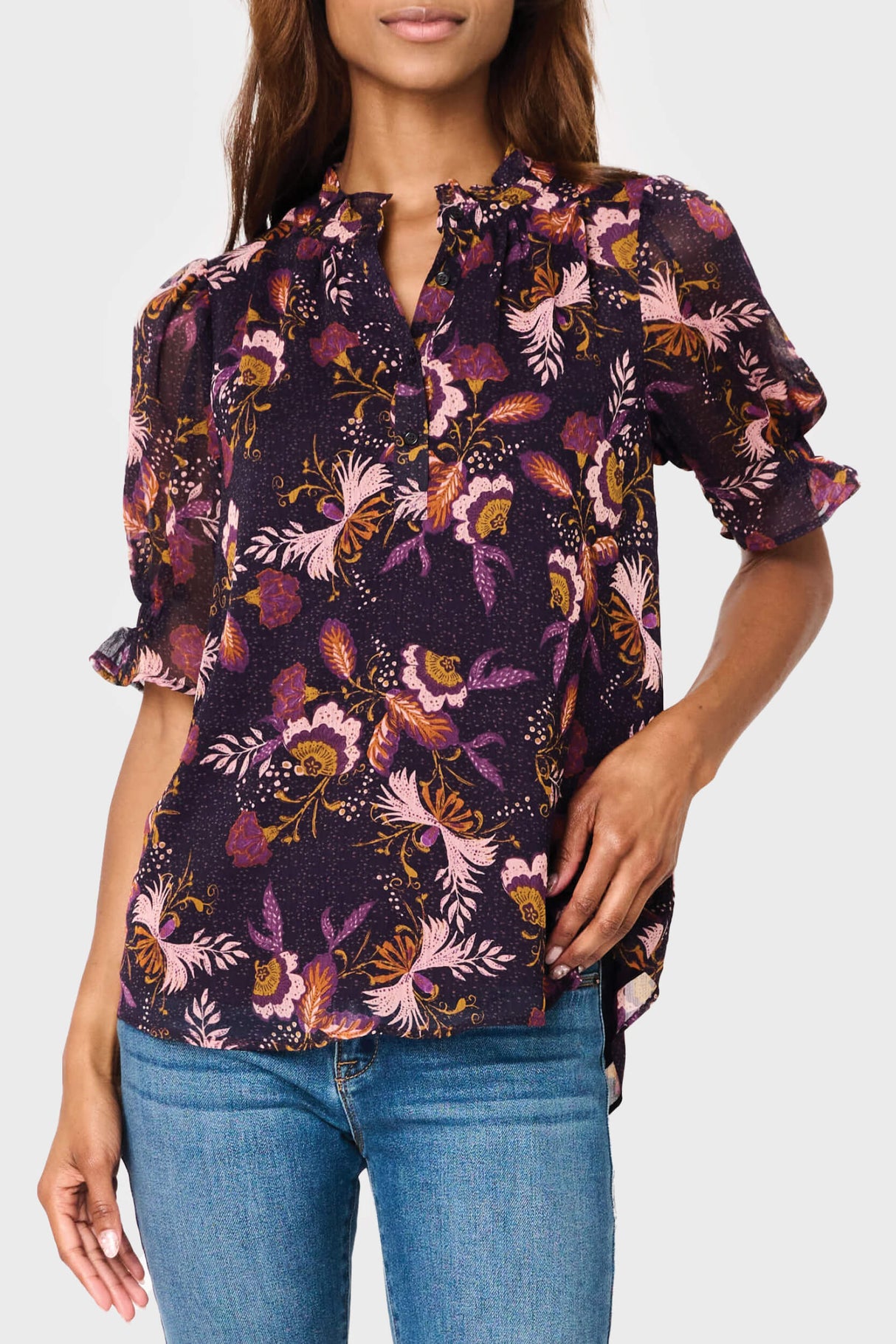 Gibsonlook Dianthus Henley Puff Sleeve Chiffon Blouse from Gibsonlook