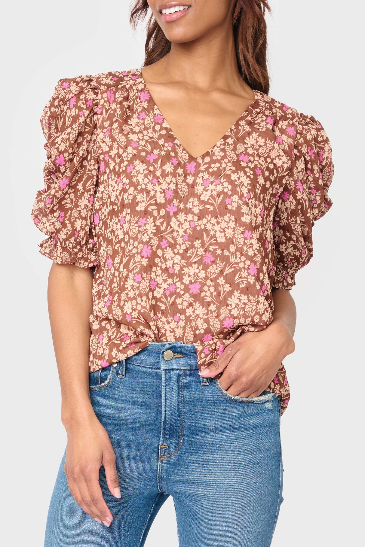Rouched Sleeve Chiffon V-neck Blouse from Gibsonlook
