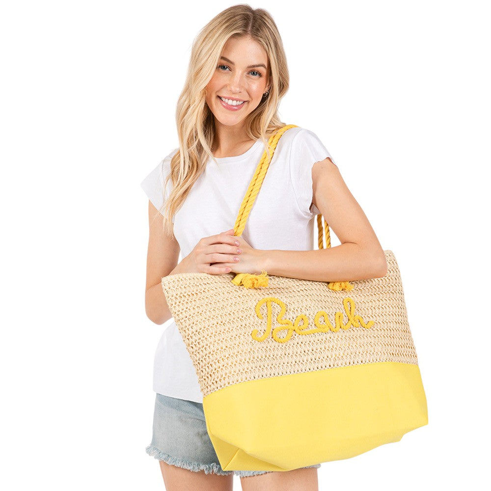 BEACH Message Rope Handle Crochet Fabric Tote Bag / Beach Bag  from Madeline Love