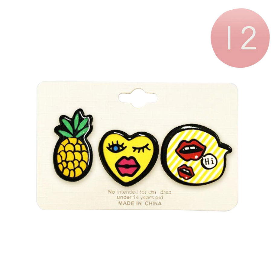 12 Set of 3 Pineapple Heart Lips Lapel Mini Pin Brooches from Madeline Love