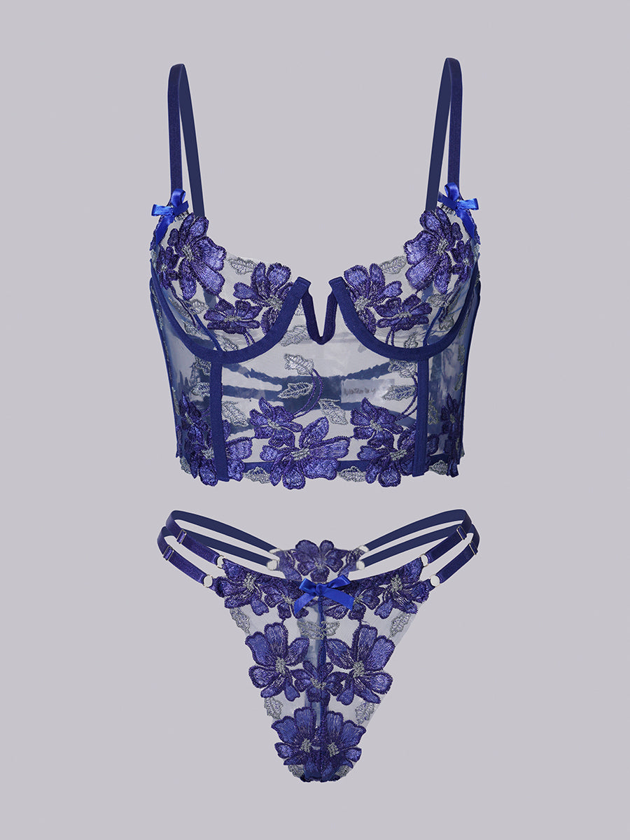 Blue Floral Embroidery Bustier Straps Lingerie Set From Hello.LA.Girl