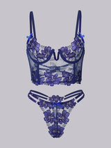 Blue Floral Embroidery Bustier Straps Lingerie Set From Hello.LA.Girl