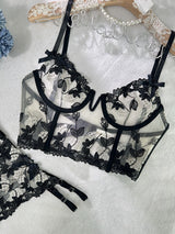 Black Floral Embroidery Bustier Straps Lingerie Set From Hello.LA.Girl