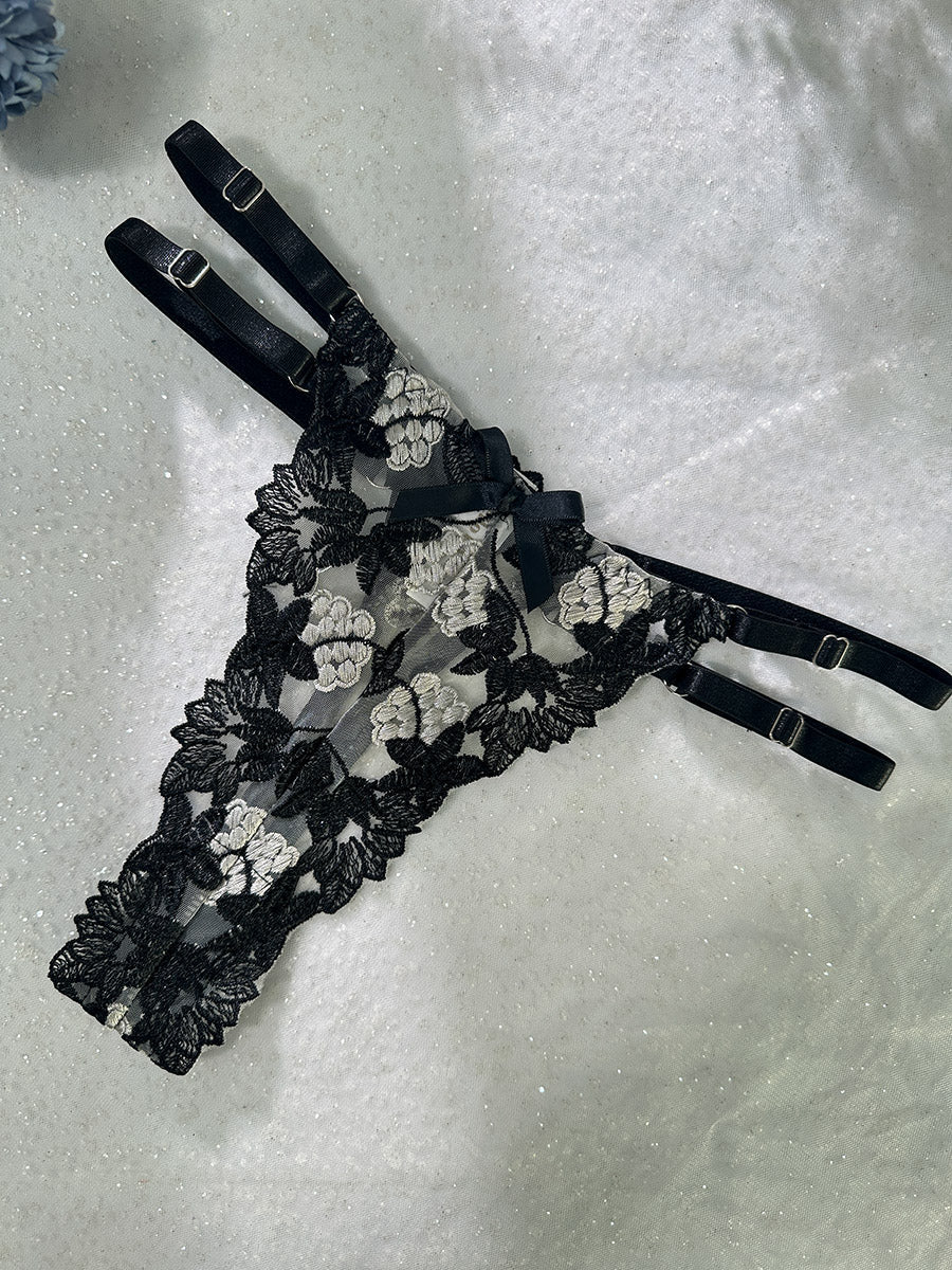 Black Floral Embroidery Bustier Straps Lingerie Set From Hello.LA.Girl