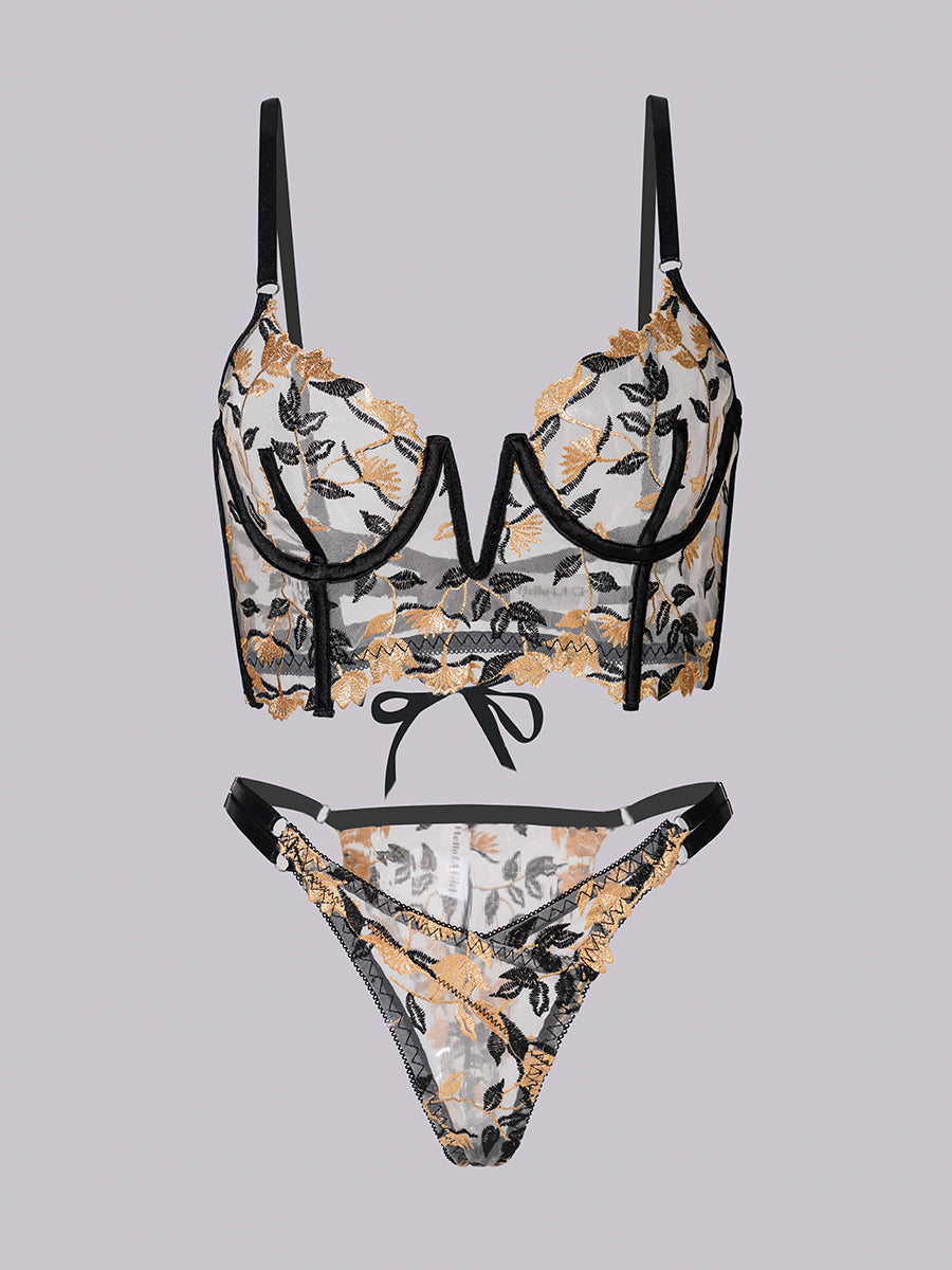 Black Embroidered Corset & Panty Lingerie Set From Hello.LA.Girl