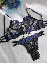 Black&Blue Floral Embroidery Ribbon Lingerie Set From Hello.LA.Girl