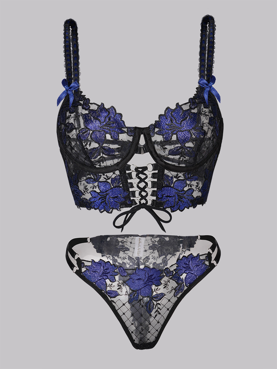Black&Blue Floral Embroidery Ribbon Lingerie Set From Hello.LA.Girl