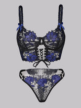 Black&Blue Floral Embroidery Ribbon Lingerie Set From Hello.LA.Girl