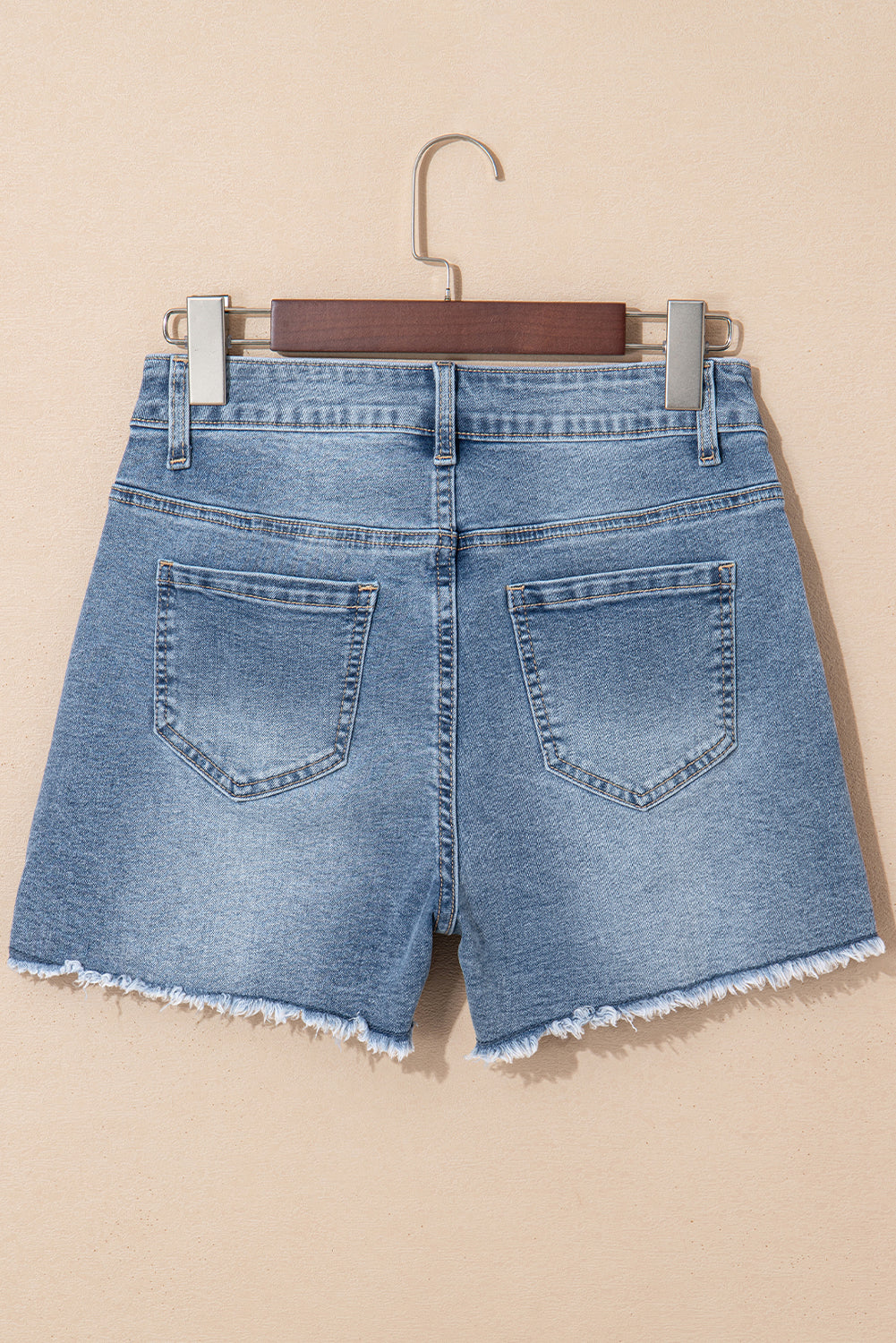 Amelie Pearl Beaded Raw Hem Medium Wash Denim Shorts from Threaded Pear