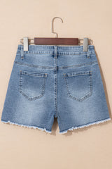 Amelie Pearl Beaded Raw Hem Medium Wash Denim Shorts from Threaded Pear