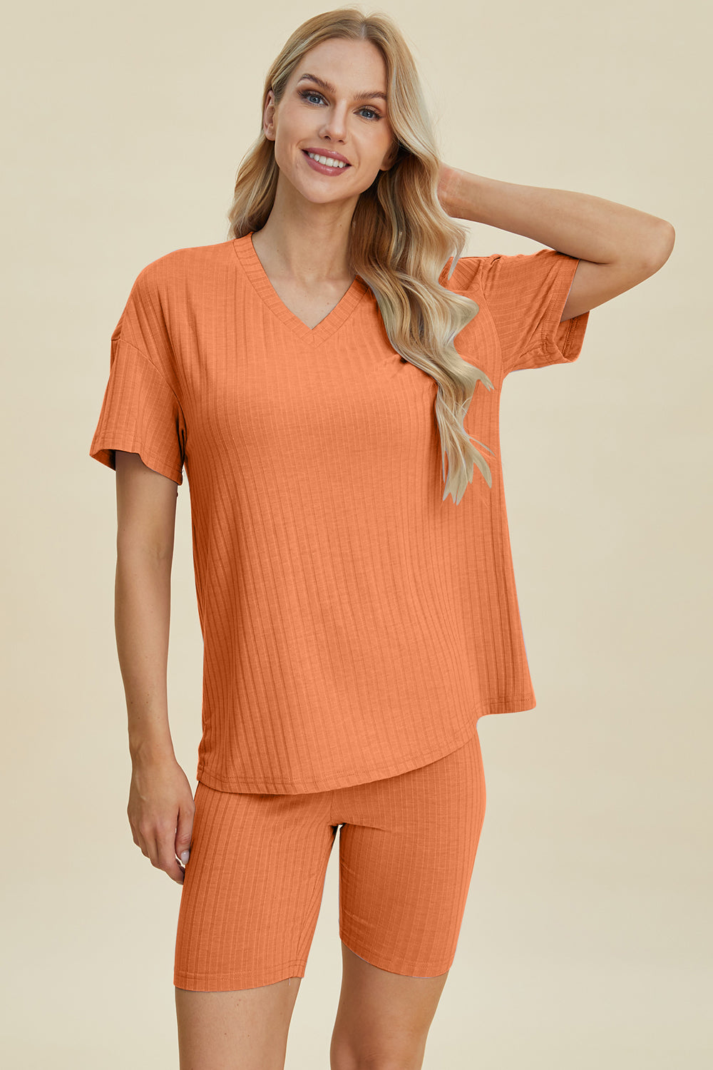 Basic Bae Full Size Ribbed V-Neck Short Sleeve Top and Shorts Set from Enfance-Heureuse