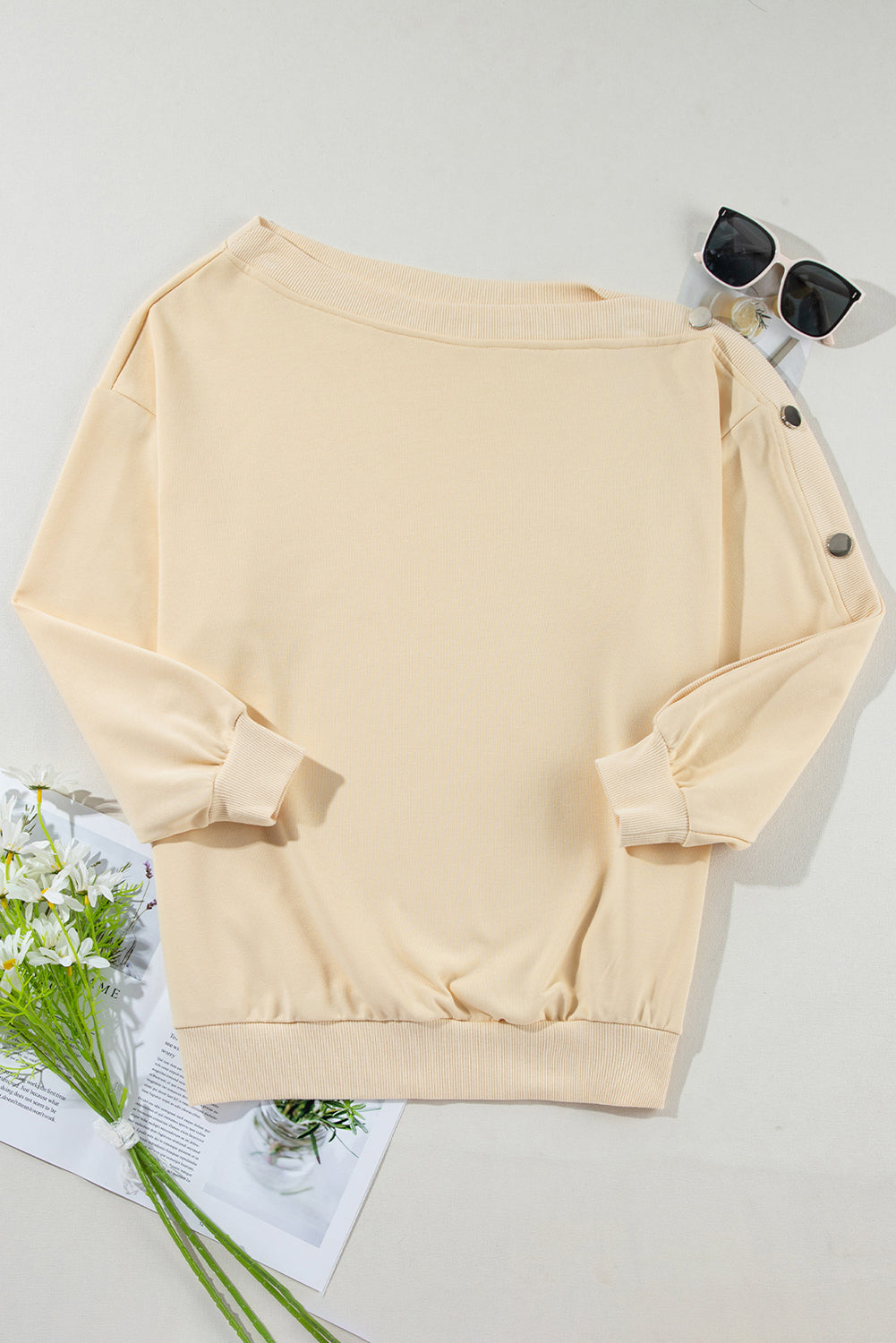 Beige Buttoned Sleeve Dropped Shoulder Sweatshirt from MsDressly