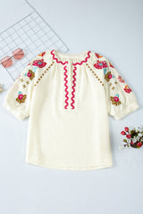 Beige Floral Embroidered Ricrac Puff Sleeve Textured Blouse from MsDressly