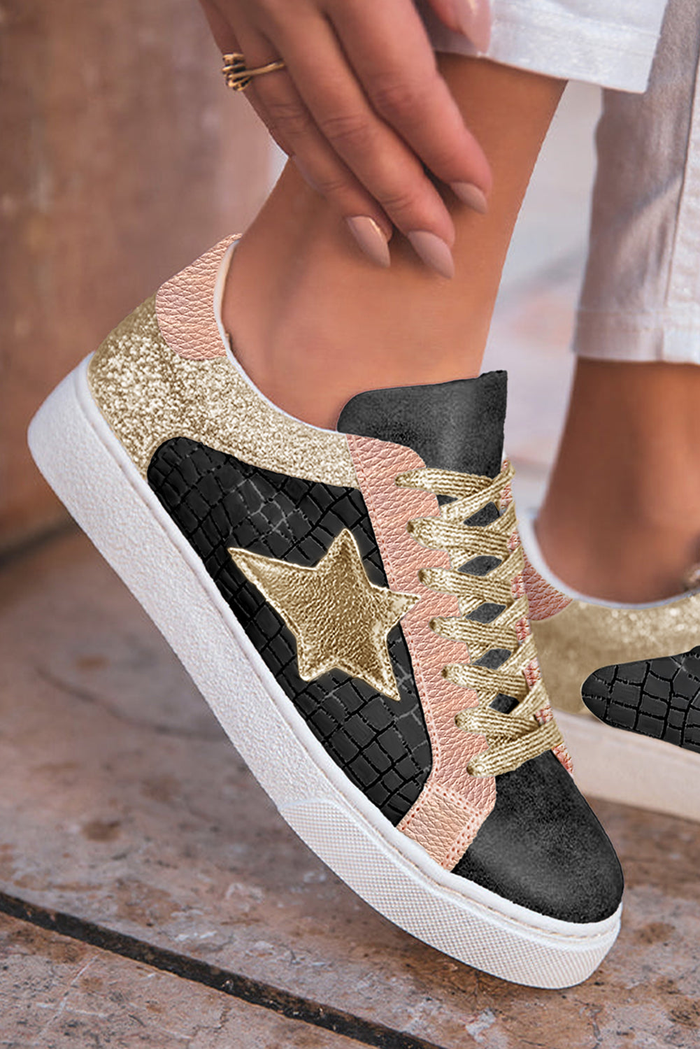 Clare Gold Glitter Star Lace-up Sneakers from Threaded Pear