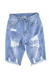 Blue Raw Hem Denim Jorts with Distressed Details, Mid-Stretch Slash Pockets Bermuda Denim Shorts, Women's Denim Jeans & Apparel from MsDressly