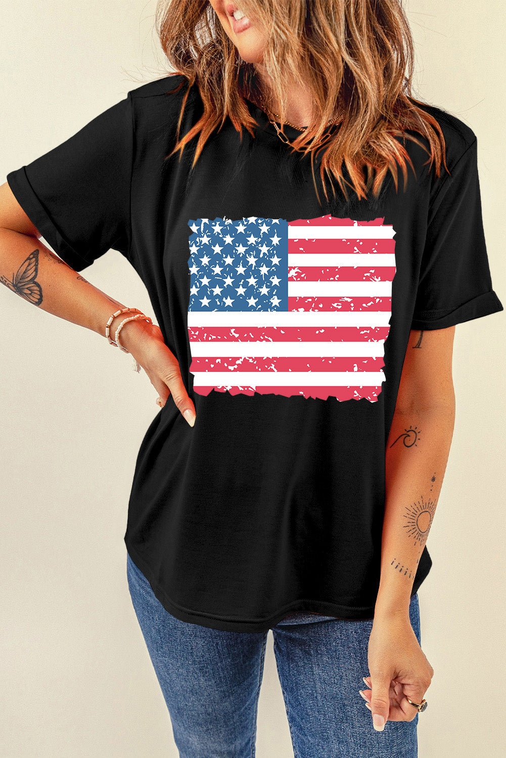 Black Frayed American Flag Printed Crewneck T Shirt from MsDressly