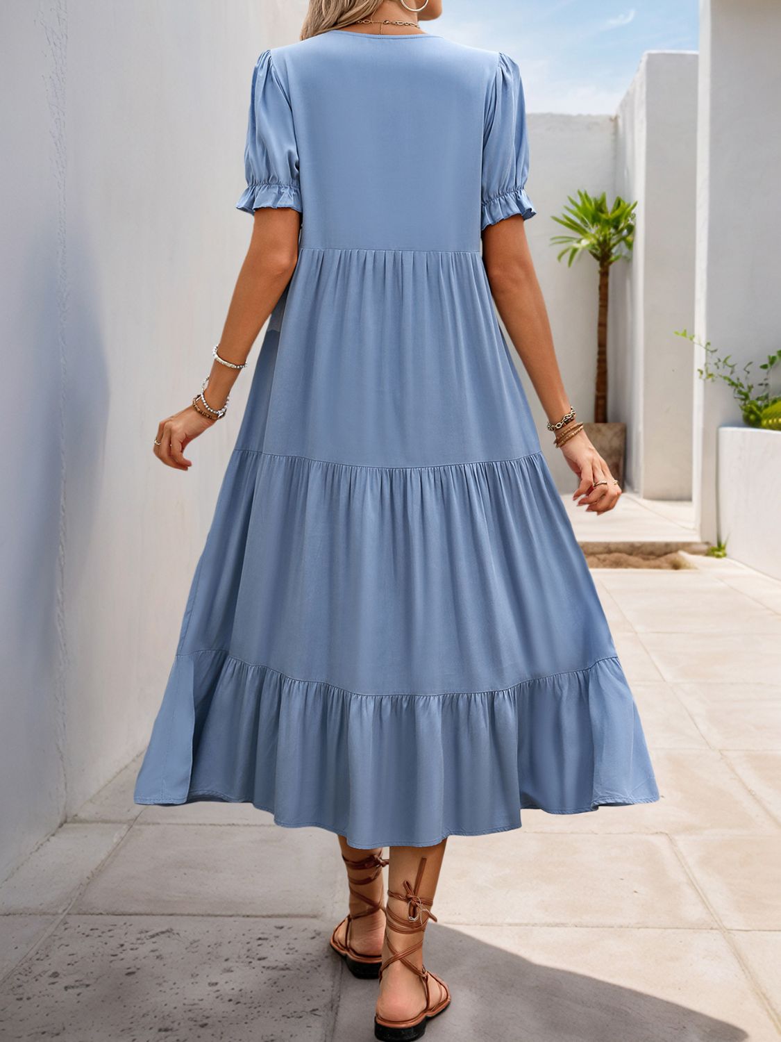 Perfee Decorative Button Notched Short Sleeve Midi Dress from Enfance-Heureuse
