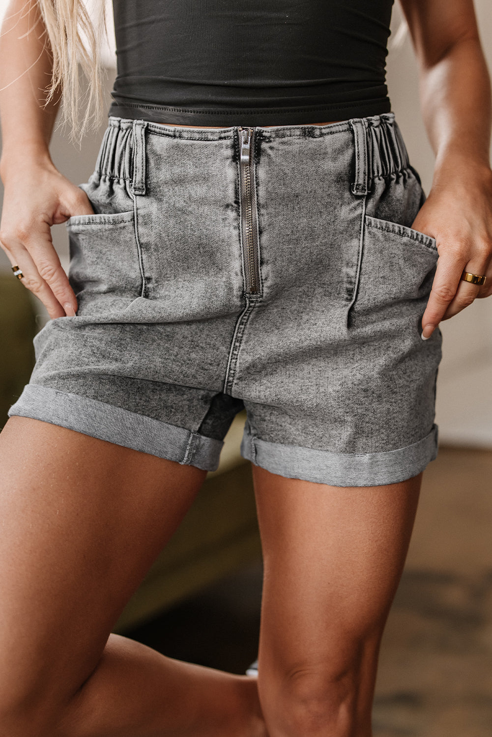 Blaire Zipped Light Wash Cuffed Edge Denim Shorts from Threaded Pear