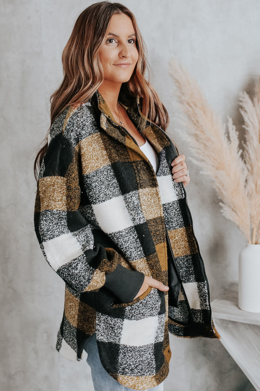 Black Zipper Side Pockets Plaid Overcoat from MsDressly