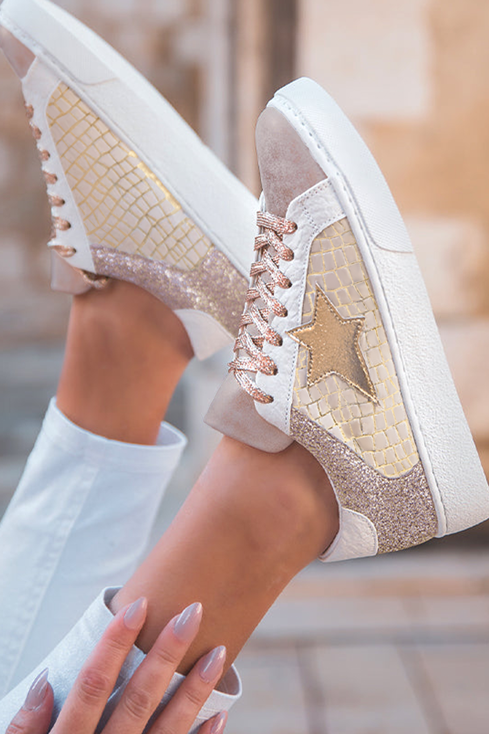 Clare Gold Glitter Star Lace-up Sneakers from Threaded Pear