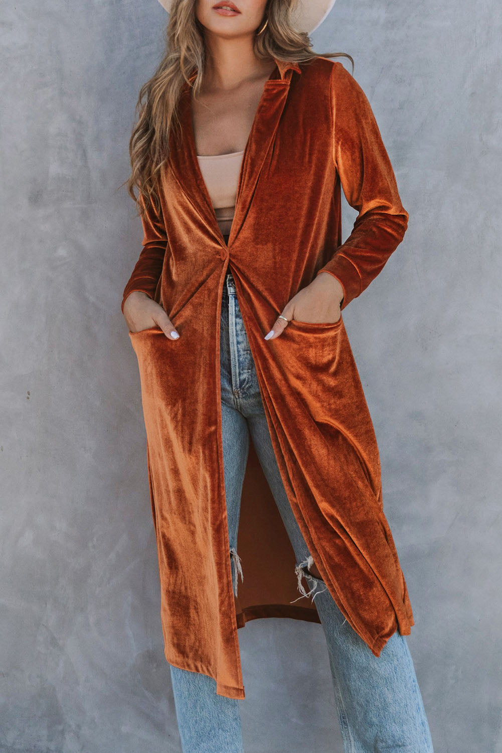 Brown Retro Velvet Long Sleeve Pocket Coat From MsDressly
