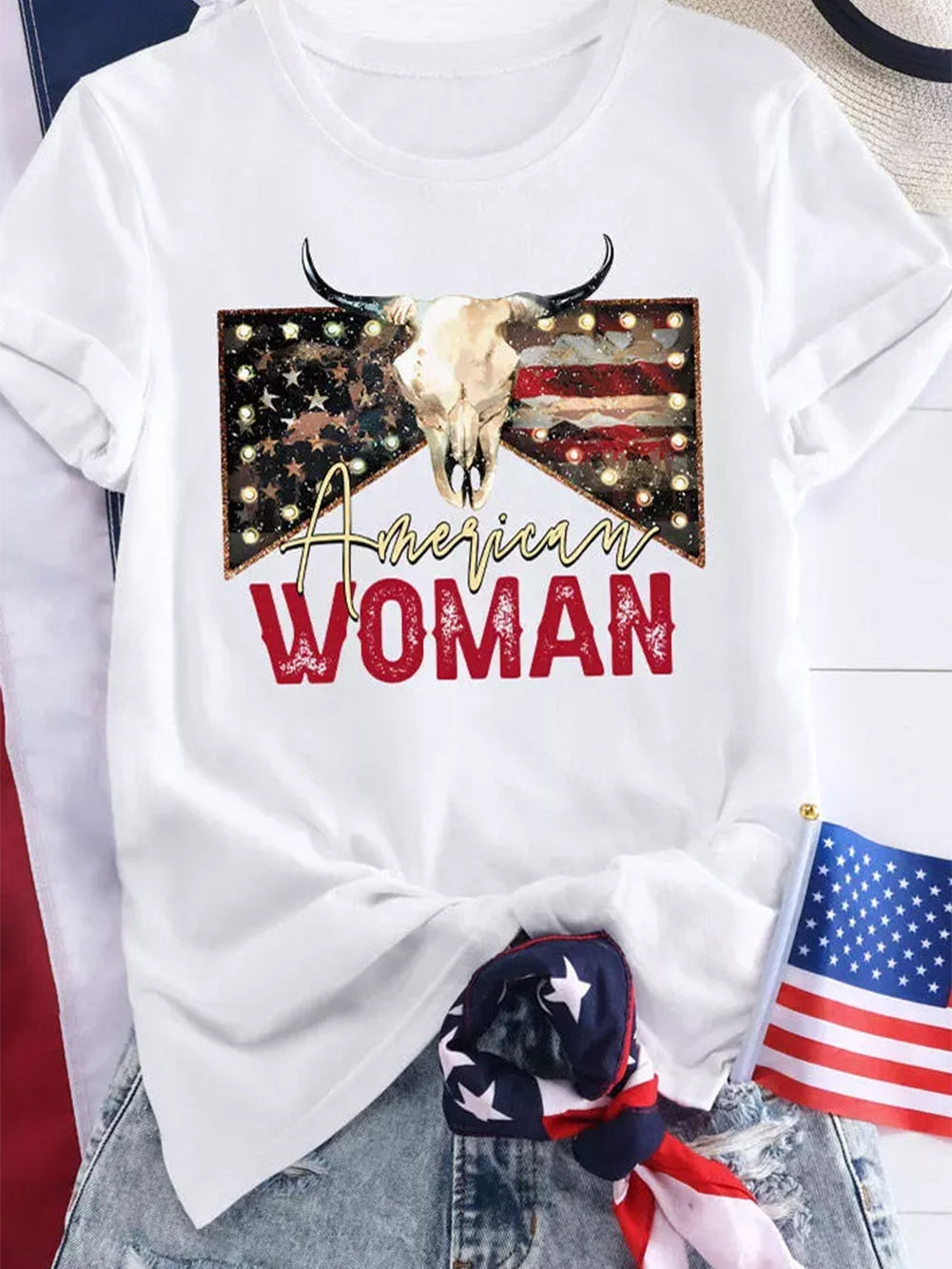 American Woman Bull Skull Print White Graphic Tee from MsDressly