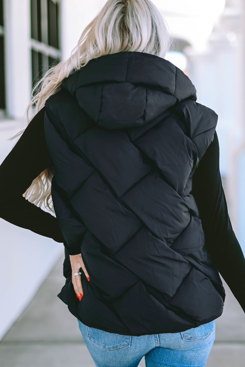 Black Quilted Zipper Front Hooded Vest Coat From MsDressly